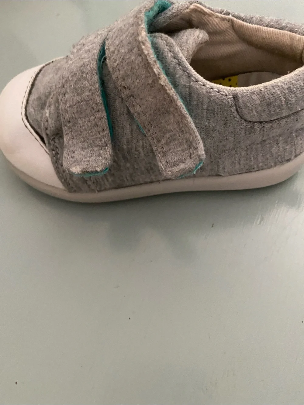 Ten Little Gray and White Baby Walker Shoes with Teal Accent